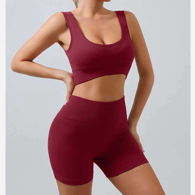 Conjunto Feminino 2 Peças Top Canelado c/ Bojo + Short Canelado, Fitness Academia, Alta Compressão, Zero Transparência