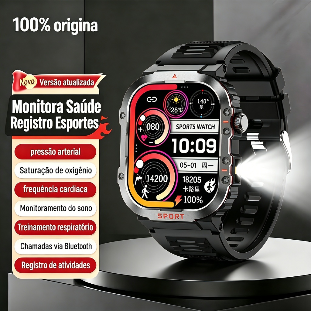 Smartwatch Masculino Esportivo H08 À Prova D'água Relógio com Lanterna Bússola Monitor Cardíaco Caixa Metal Resistente