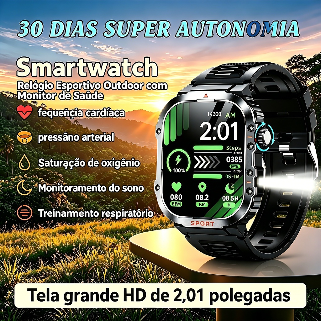 Smartwatch Masculino Esportivo Metálico Tela 2.01" HD Chamada Bluetooth Bateria 30 Dias SpO2 Lanterna H08 Frete Grátis