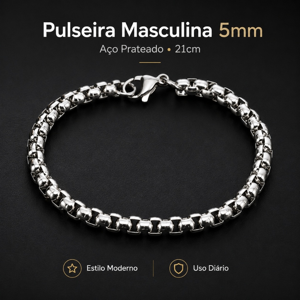 Pulseira Masculina de Corrente Veneziana Aço Inox Legítimo Cirúrgico Prata Original