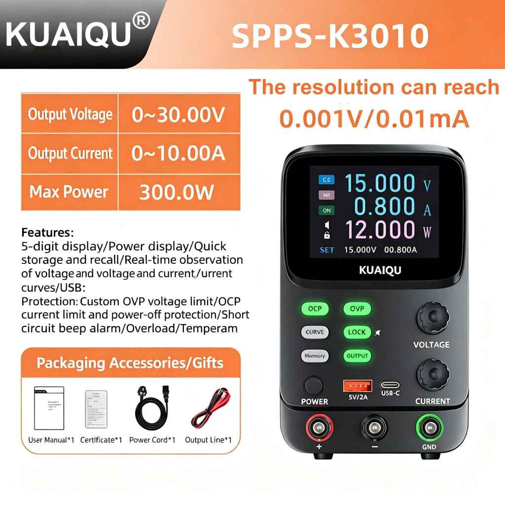 Fonte de Bancada KUAIQU SPPS-K3010 30V 10A 300W Tela TFT de 5 dígitos fonte de alimentação bancária com dupla curva