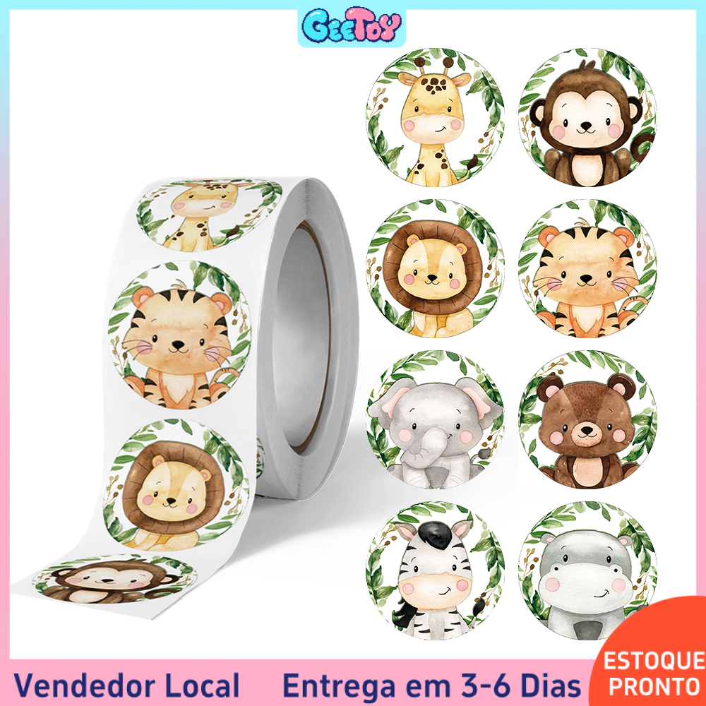 500 Unid./Rolo Adesivo Animal Selva 8 Estilos para Festa e Presente