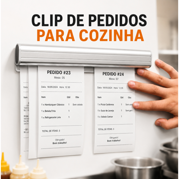 Porta Comanda 100cm em Aço Inox Comandeira Varal Para Restaurante, Pizzaria Bar Cozinha Comandas Pedido