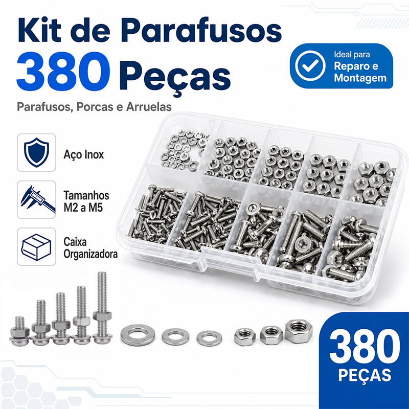 Kit de parafusos 380 peças aço inox M2-M5 com porcas arruelas e caixa organizadora