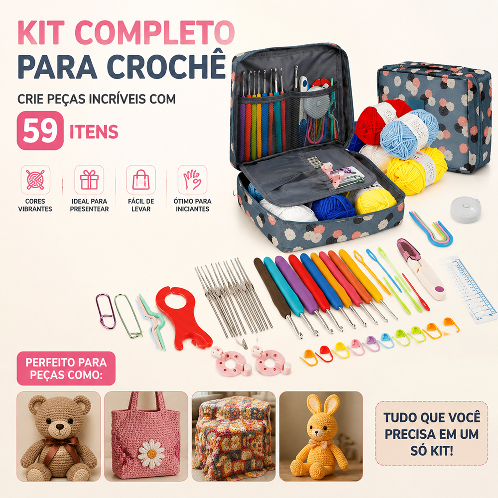 Kit Crochê Completo Profissional Com 59 Itens E Bolsa Ideal Para Iniciantes Tricô Manual Artesanato-Diversas disponíveis