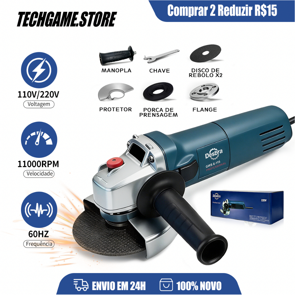 Esmerilhadeira Angular Profissional Kit Completo Bivolt 11000RPM 110V/220V Multifunção Cortar Lixar Polir