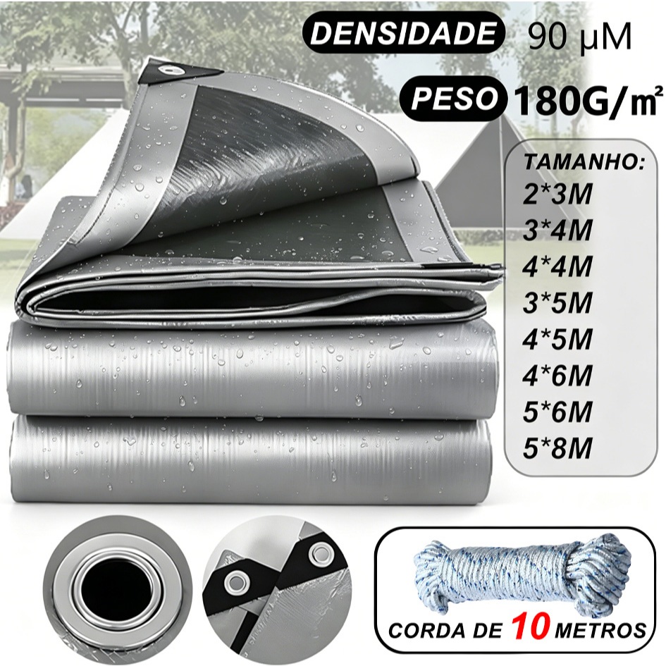 Lona Blackout Cinza Preta Impermeável Grossa 180g/m2 com Corda 10m