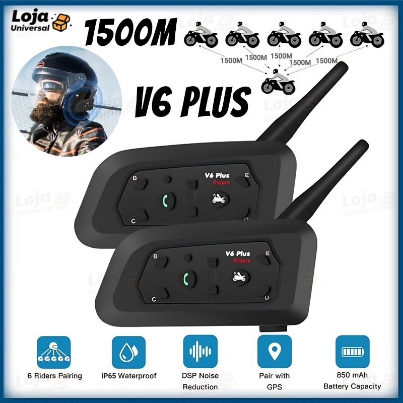 Intercomunicador V6 Mais Fone De Ouvido De Capacete De Motocicleta Bluetooth Com Interfone BT De 1500M Para 6 Pilotos-LU