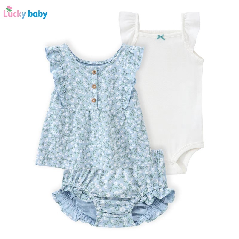 Lucky Baby Conjunto Bebê Verão Menina Manga Curta 100% Algodão Estampa Floral Princesa Confortável 3–24 Meses