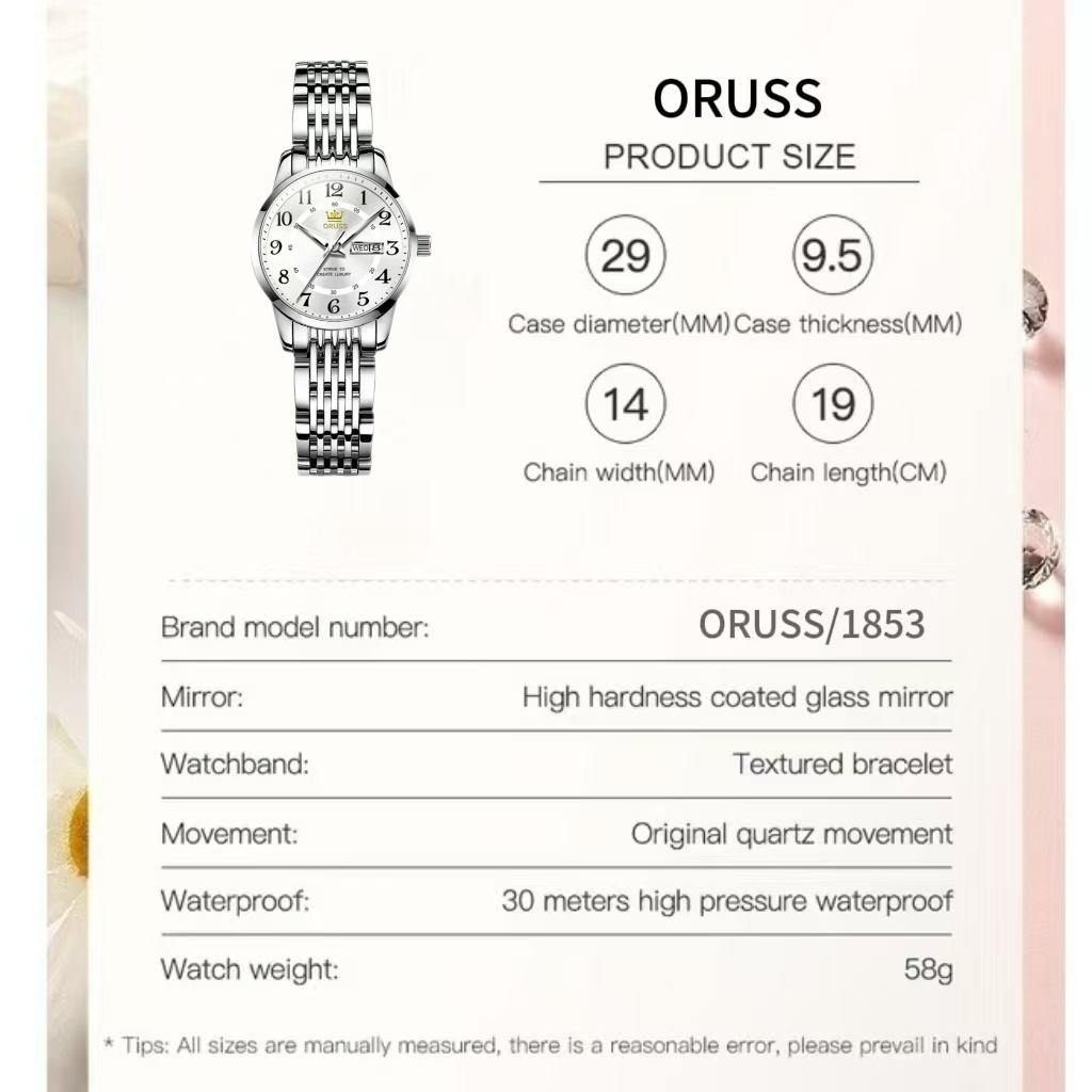 ORUSS Original Feminino Luxo Calendário Duplo Luminoso À Prova D 'Água Relógio de Aço Inoxidável Moda Versão Coreana Rel — imagem 2 de 2
