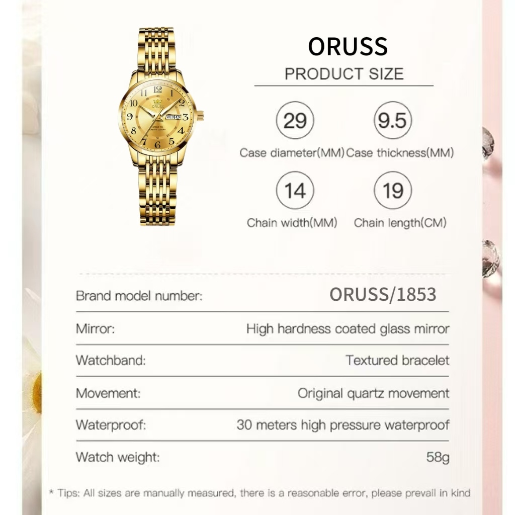 ORUSS Marca Original Feminina Aço Inoxidável Calendário Duplo Luxo À Prova D 'Água Luminoso Pequeno Relógio Moda Versão — imagem 2 de 2