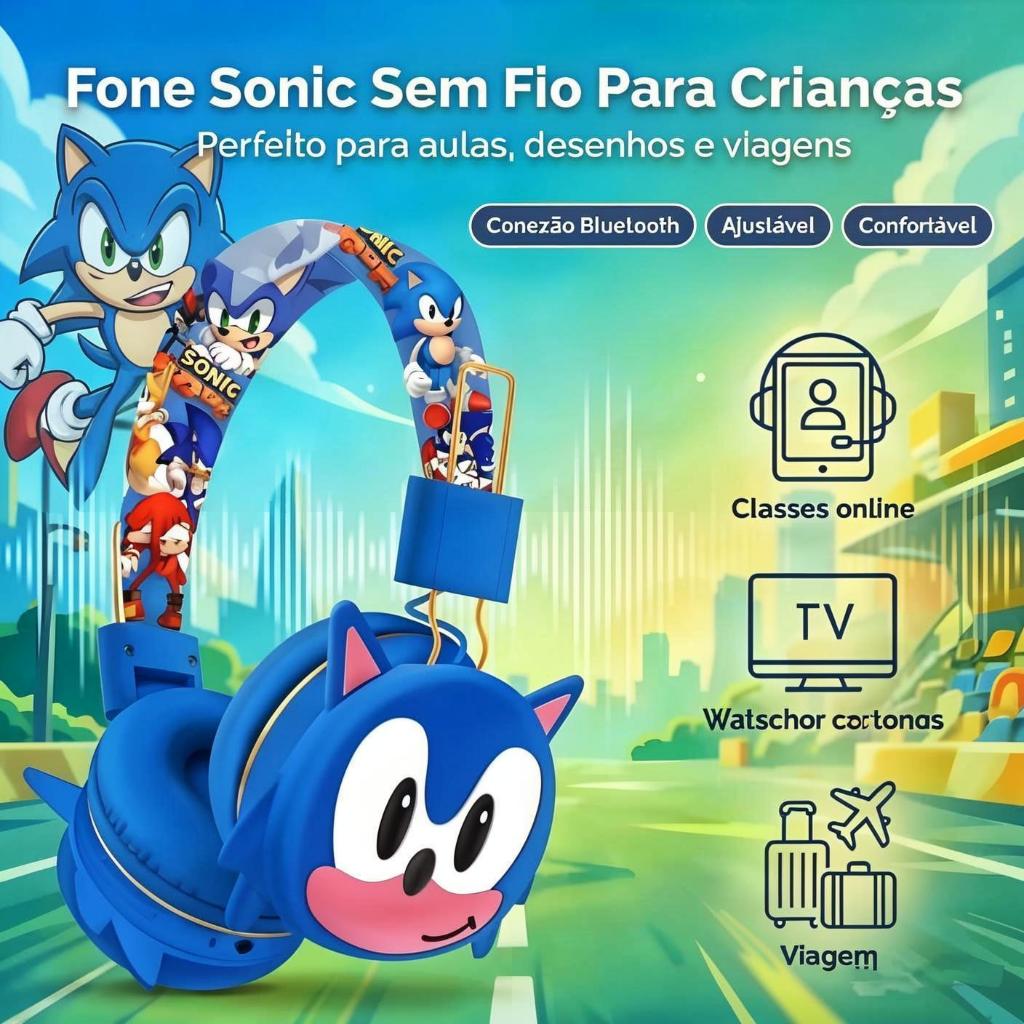 Fone de Ouvido Infantil Sonic Bluetooth Sem Fio Supra Auricular com Estampas