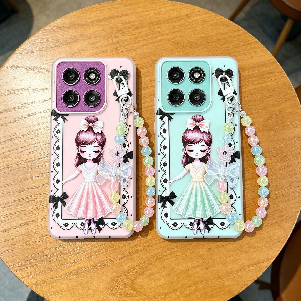 Padrão De Vestido Barbie De Desenho Animado Com Pulseira Capa Fosca Para Motorola Edge 60 60S 70 Neo Fusion Pro 5G Caixa