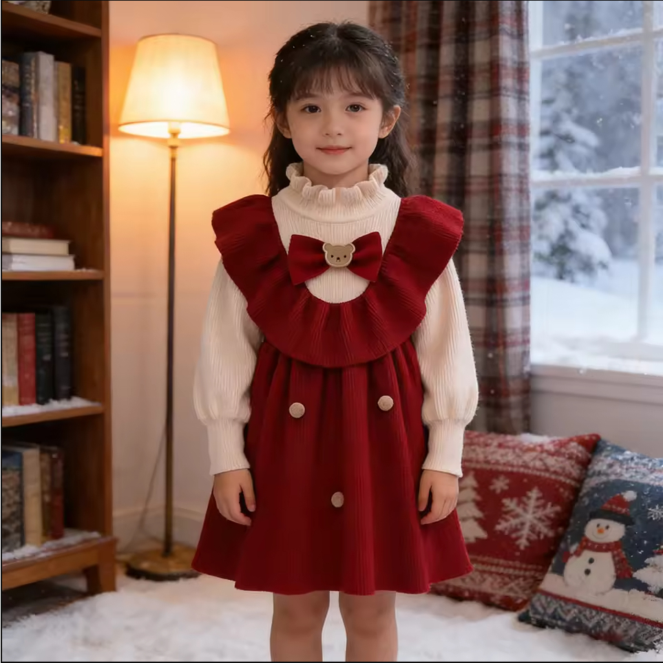 Menina Outono Inverno Bonito Urso Manga Longa A Linha Vestido Casual Festa De Aniversário De Princesa De Uma Peça 0-5 An