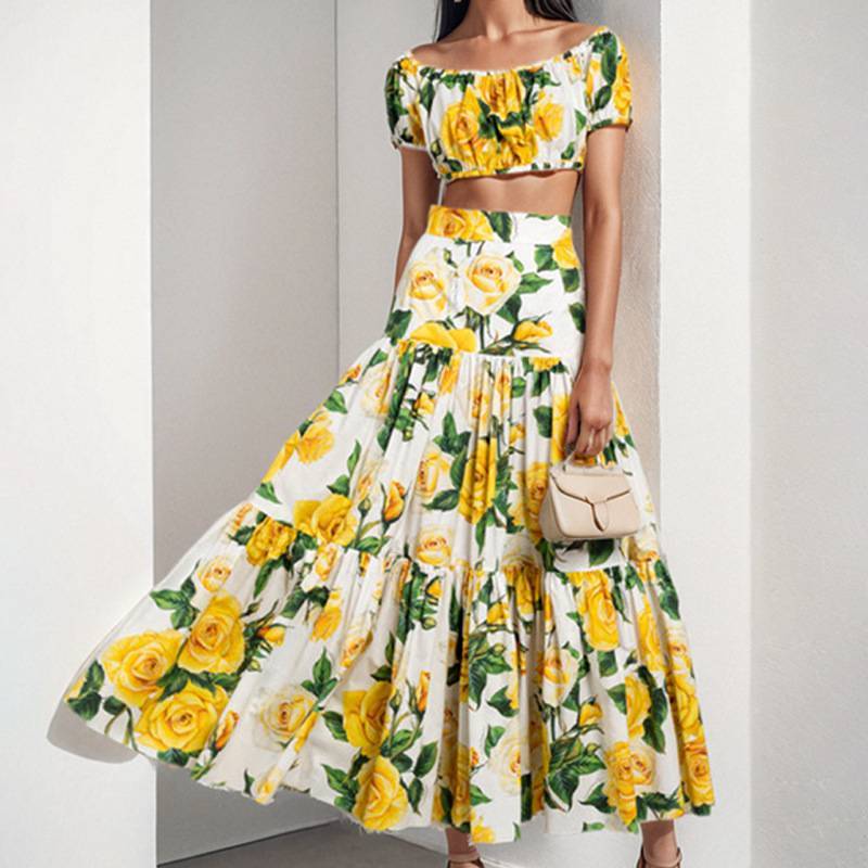 Conjunto Feminino 2 Peças Top Cropped Ombro a Ombro Estampado e Saia Longa Floral Elegante Saia Rodada Grande