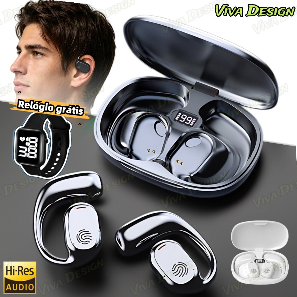 Fone de ouvido TWS com condução óssea, sem fio, Bluetooth 5.3, clip-on display digital, redução de ruído verdadeira-D28