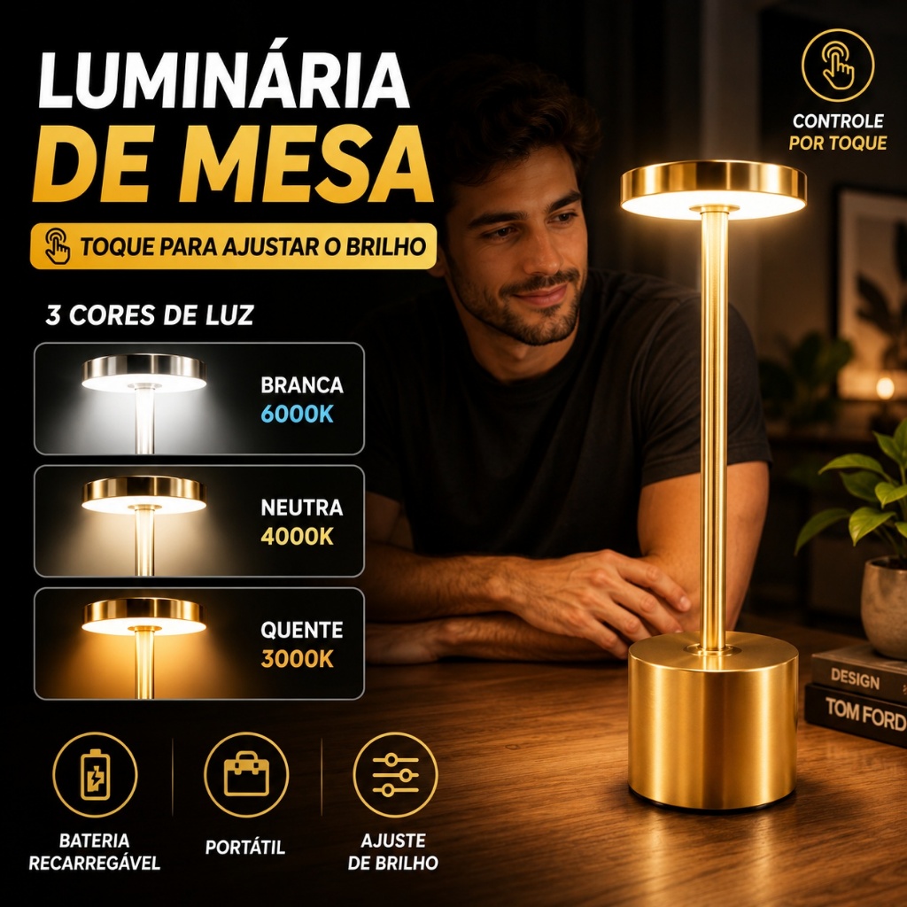 Luminária de Mesa Abajur Cabeceira Escrivaninha LED 3 em 1 Recarregável Tipo C Preto Cromado Dourado