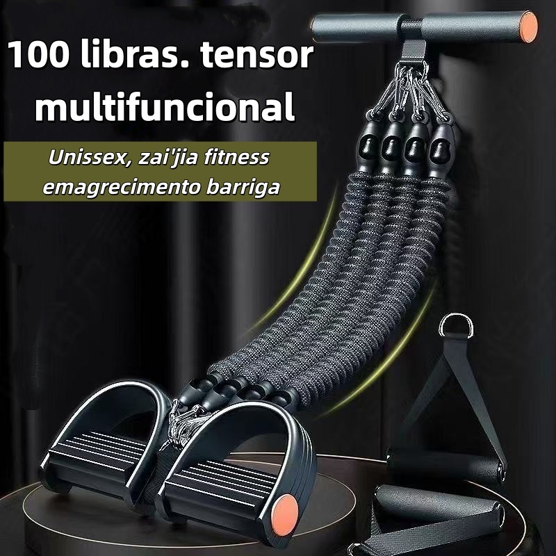 Aparelho Extensor Abdominal com Pedal 4 Tubos 100 Libras, Faixa de Resistência para Treino Abdominal Yoga Fitness