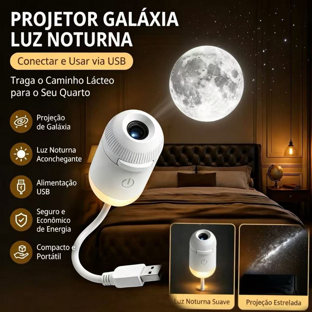 Mini Projetor Galáxia Luz Noturna USB Portátil Aconchegante Para Crianças e Casais Românticos