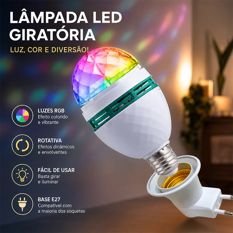 Lâmpada LED Colorida Giratória E27 Efeito de Luz RGB Vibrante Bivolt Perfeita para Festas Eventos e Decoração