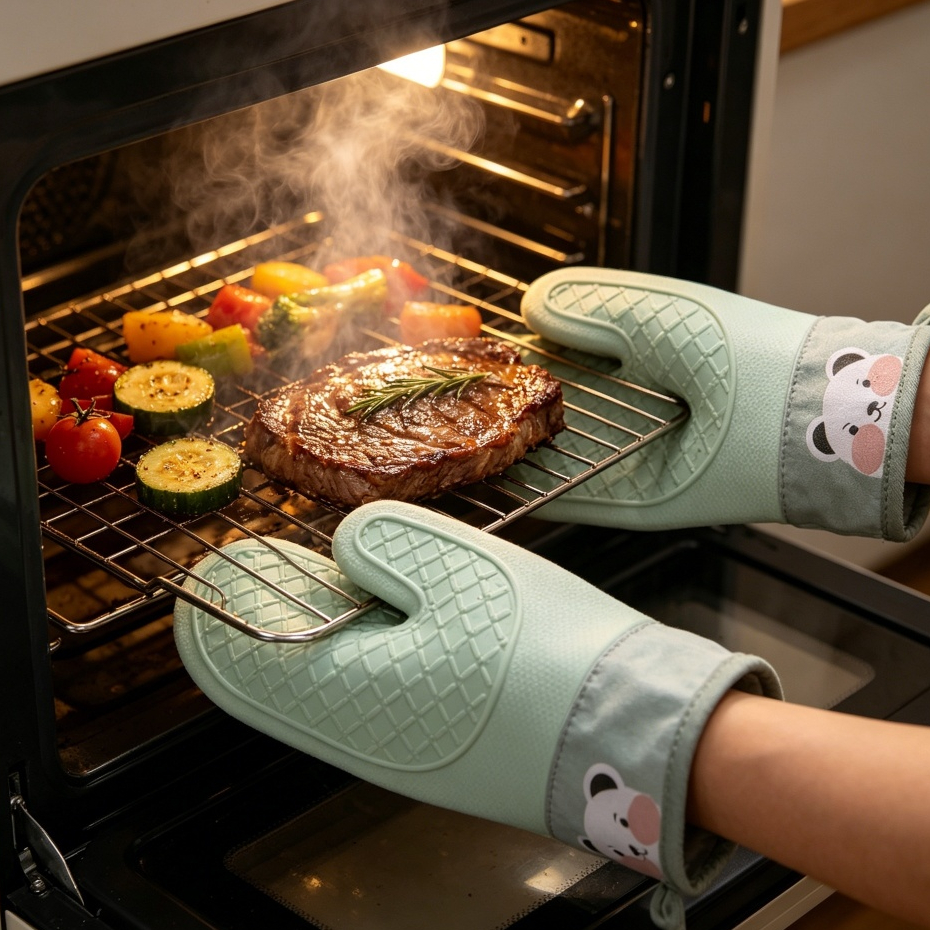 Luvas Isoladas Anti-Queimadura Silicone Espessado Cozinha Assar Forno Especial Branca com verde