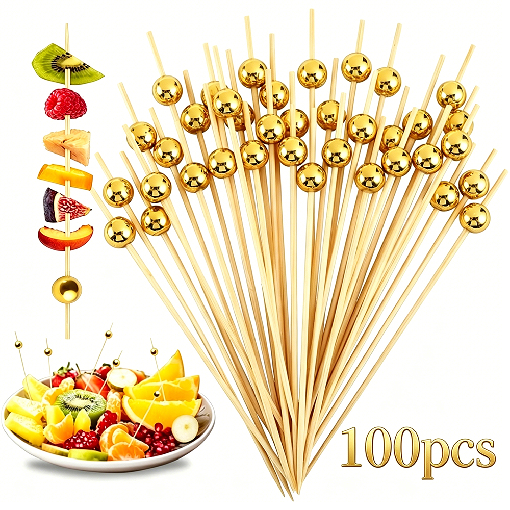 Kit 100 Palitos de Bambu 12cm Para Petisco Aniversários Casamentos Festas Decorado Bolinha dourada