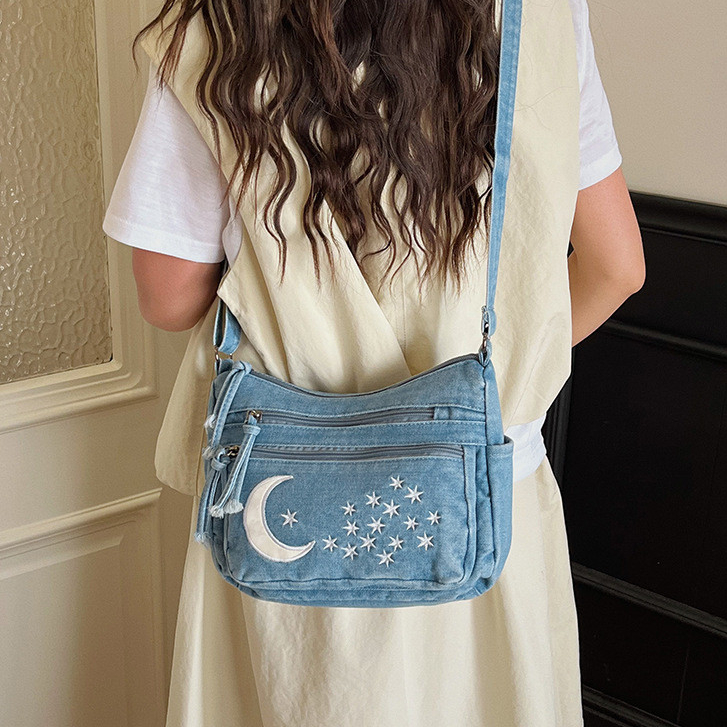 Bolsa para celular de grande capacidade, Material jeans, bolso interno da bolsa, vários bolsos