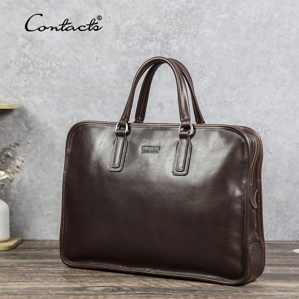 CONTACT'S Bolsa Masculina De Couro Genuíno Pasta Ipad Para Laptop Macbook Pro De 16 " Ou 14 " Full-Grain Pull-Up Oleoso