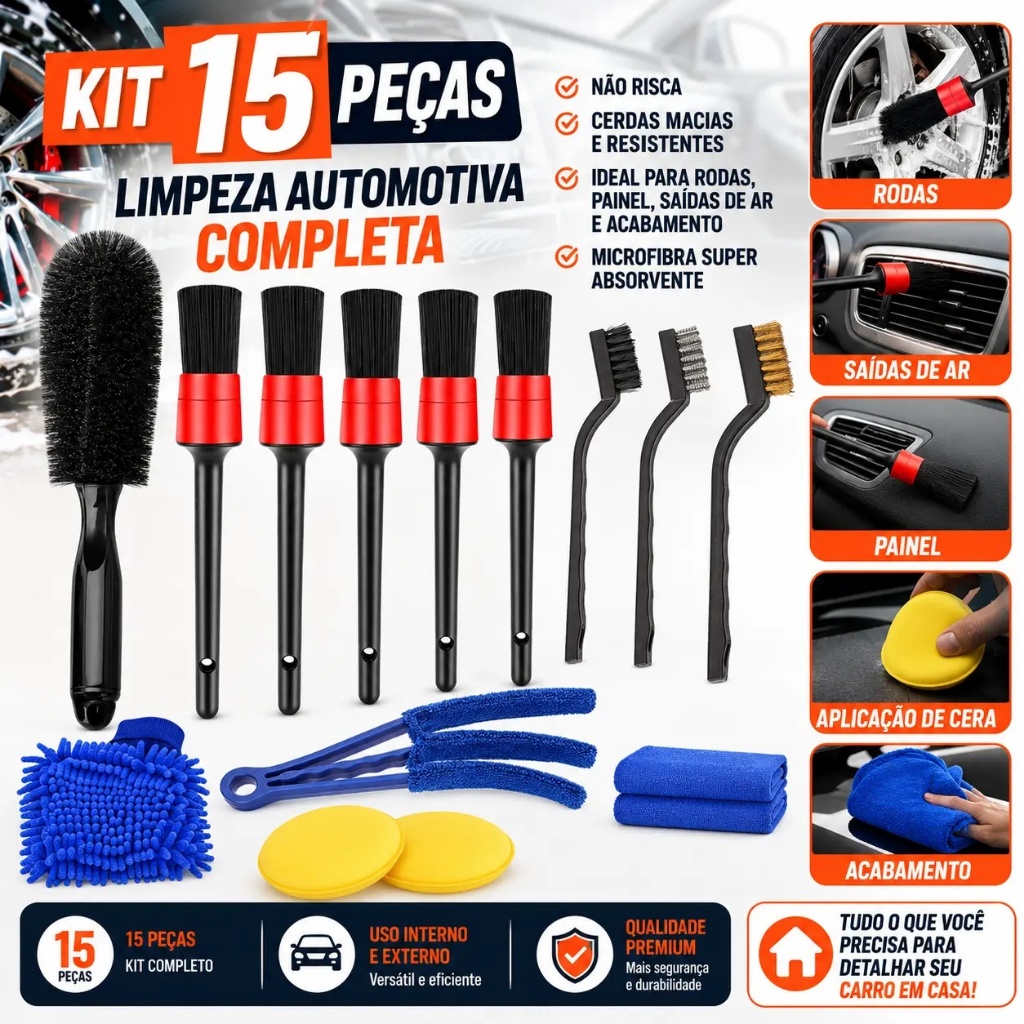 Kit 15 Peças Lavagem Automotiva Escovas+Luva Microfibra+Aplicador de Cera+Completo para Limpeza e Estética Automotiva