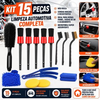 Kit 15 Peças Lavagem Automotiva Escovas+Luva Microfibra+Aplicador de Cera+Completo para Limpeza e Estética Automotiva