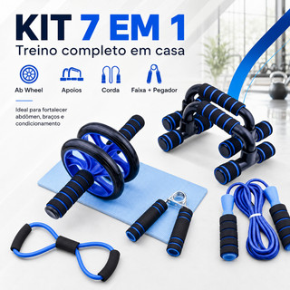 Kit Fitness 6 em 1 Roda Abdominal Flexão Corda Elástico Hand Grip Tapete Treino em Casa