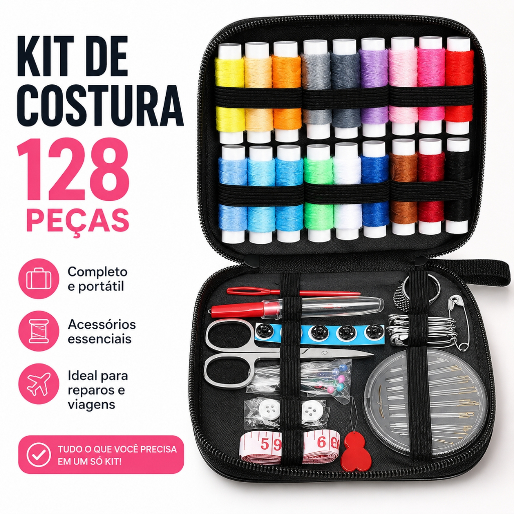 Kit de Costura 128 Peças Completo Portátil com Estojo Linhas Agulhas Tesoura Fita Métrica