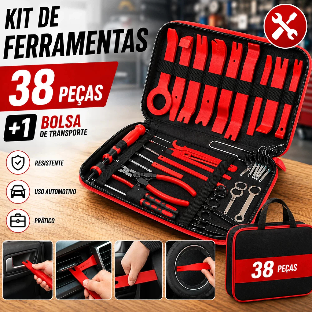 38 Peças Jogo Espátulas Nylon Alicates Saca Grampos Presilhas Automotivo + Maleta Organizador