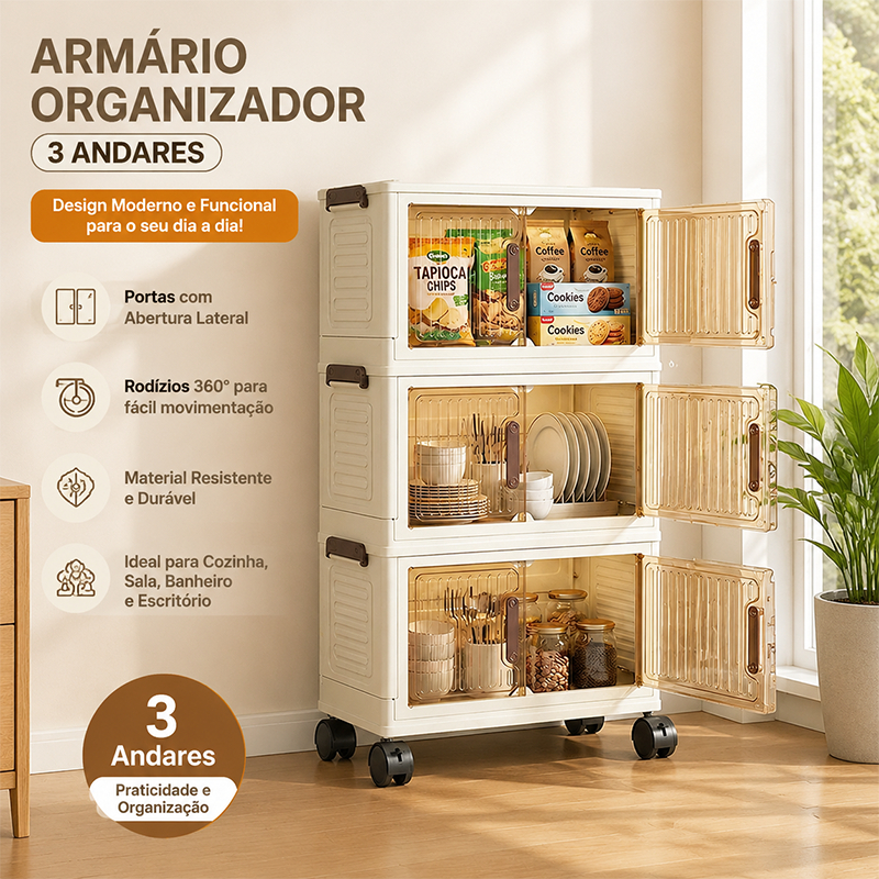 Armário Dobrável Empilhável com Rodas, Resistente e Fácil de Montar – Organizador com 5 Portas para Quarto, Sala e Close