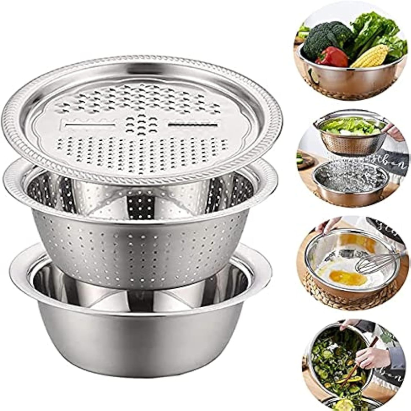 Kit 4 Em 1 Ralador Fatiador Bacia Inox Tigela Saladeira Escorredor Diâmetro 24/26 cm