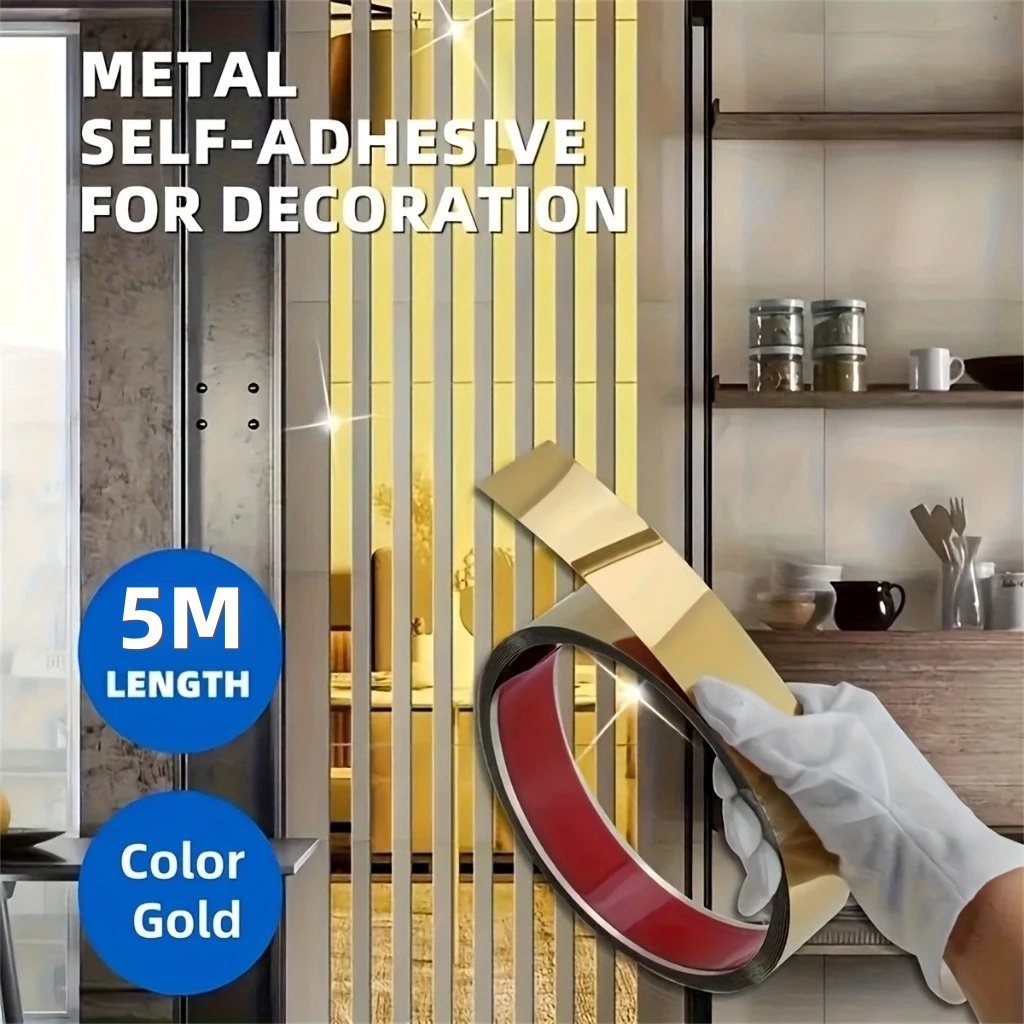 Rolo de Adesivo de Parede de Ouro Aço Inoxidável Plano Linhas Decorativas Titânio Parede Teto Borda Decoração 5 metros