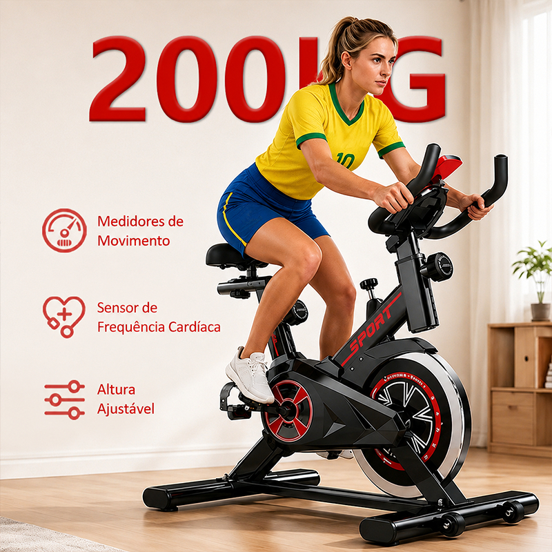 Uma bicicleta ergométrica com monitoramento de frequência cardíaca, com capacidade máxima de peso de 150 kg