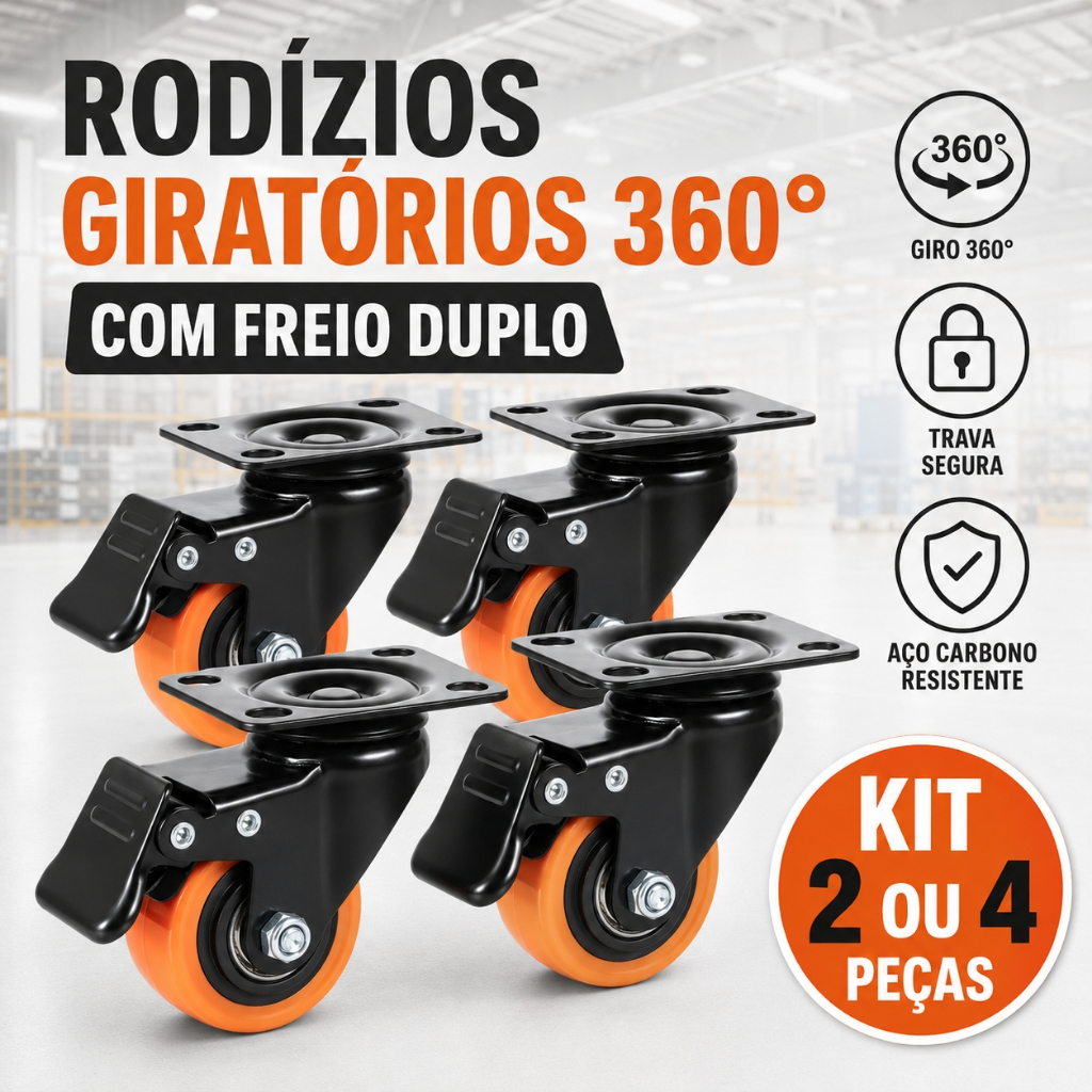 Kit 4 Rodinhas 2 Polegadas Com Base Giratória Freio e Trava Rodízio Anti-risco Roda Reforçada 150kg