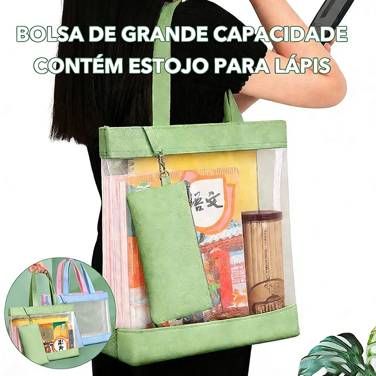 Bolsa De Malha De Grande Capacidade Com Estojo Para Lápis Embutido E Fecho De Botão