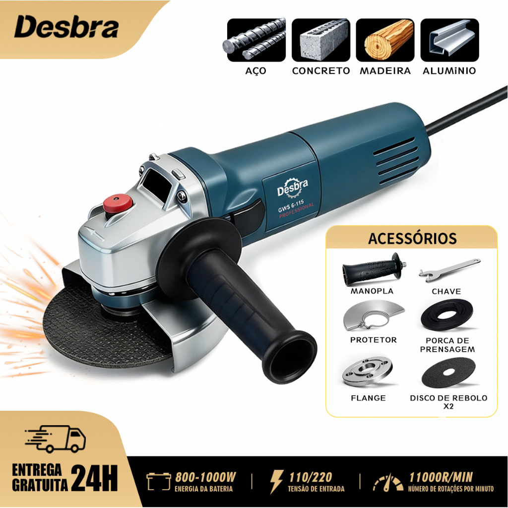 Esmerilhadeira Lixadeira Angular Profissional 110V/220V Bivolt 1000W 11000RPM 115MM Kit Completo