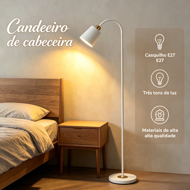 Luminária de Chão Nórdica Soquete E27 Bivolt Estrutura em Tubo Metálico Luz de Leitura para Quarto, Sala e Escritório