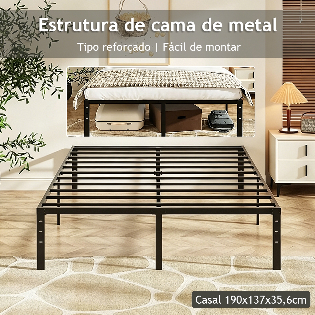 Cama De Solteiro E Casal Estrado De Metal Dobrável, Com Barra De Aço Antiderrapante, 190*137*35.6CM