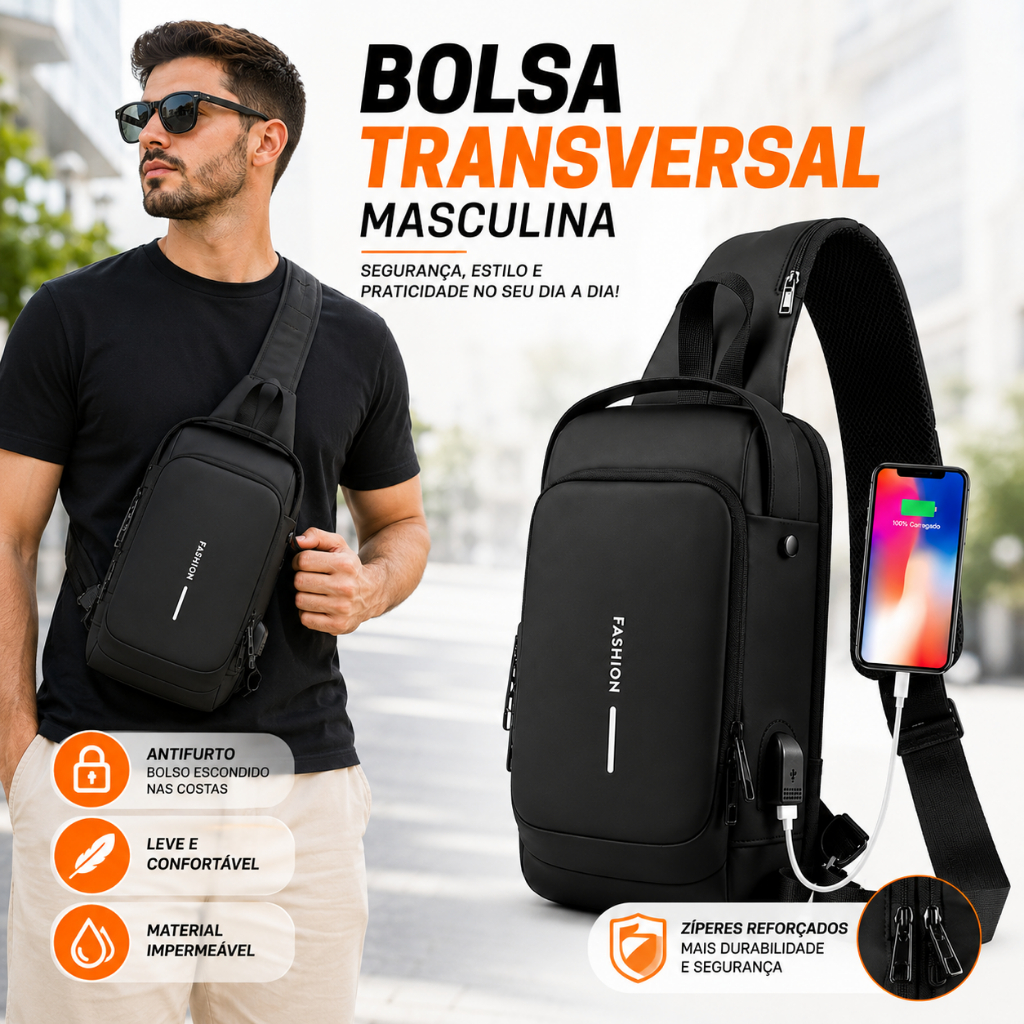 Mochila de Ombro Transversal Masculina Oxford USB Cadeado Antifurto Resistente à Água Moto Urbana