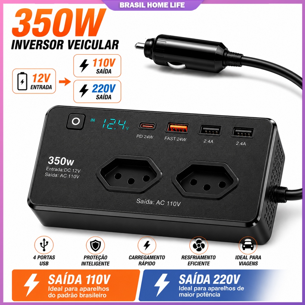 Inversor De Potência Para Carro 350W 12V A 110V Com Soquete 3USB + Conversor Automotivo Tipo C