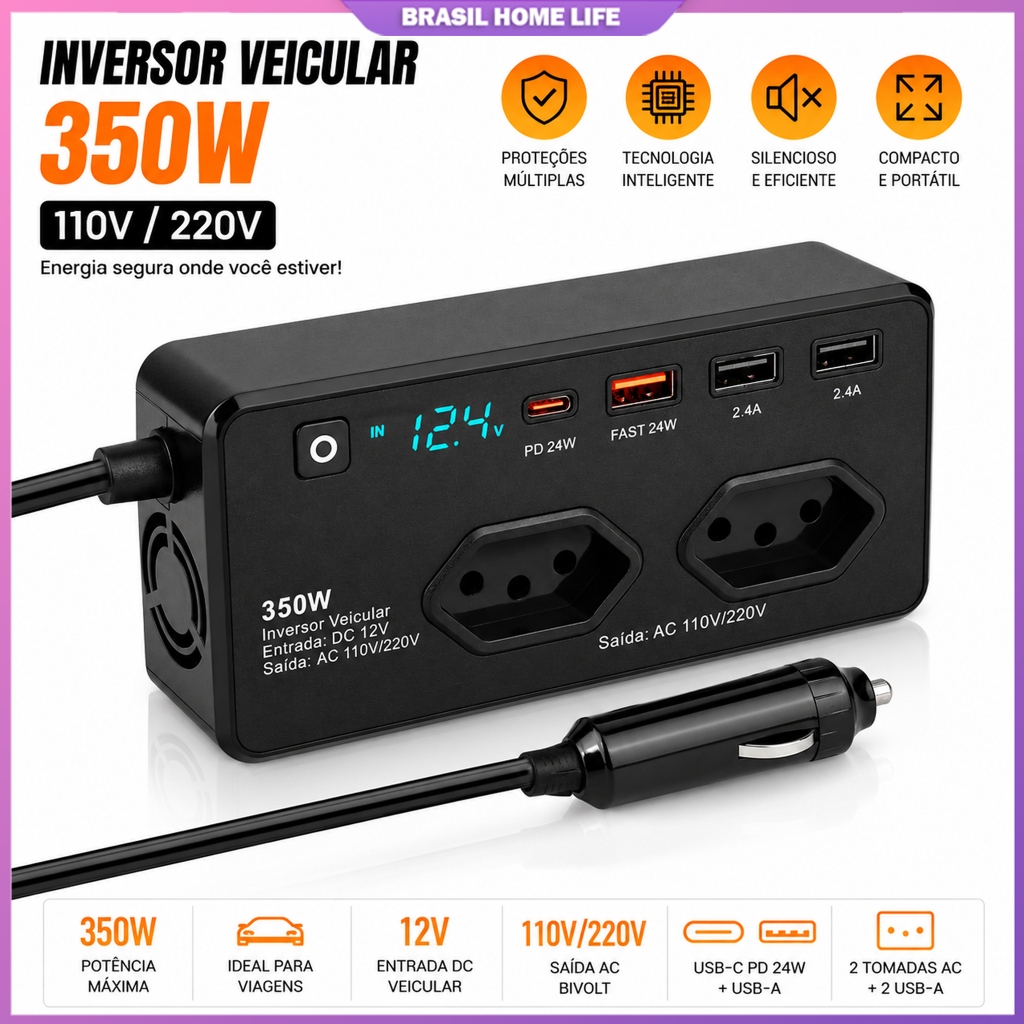 Inversor Veicular 350W 12V para 110V HREBOS IF-378 Com Tomada Padrão USB Turbo e USB-C Conversor de Energia Multiuso