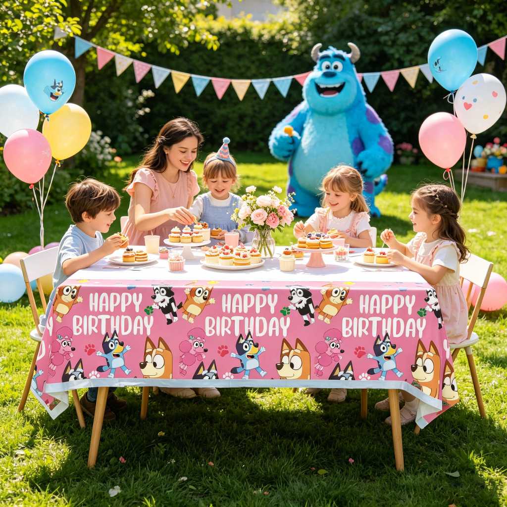 1 Pçs/Lote Pastel Rosa & Céu Azul Filhote De Cachorro Família Padrão Toalha De Mesa De Plástico Crianças Animal Temático