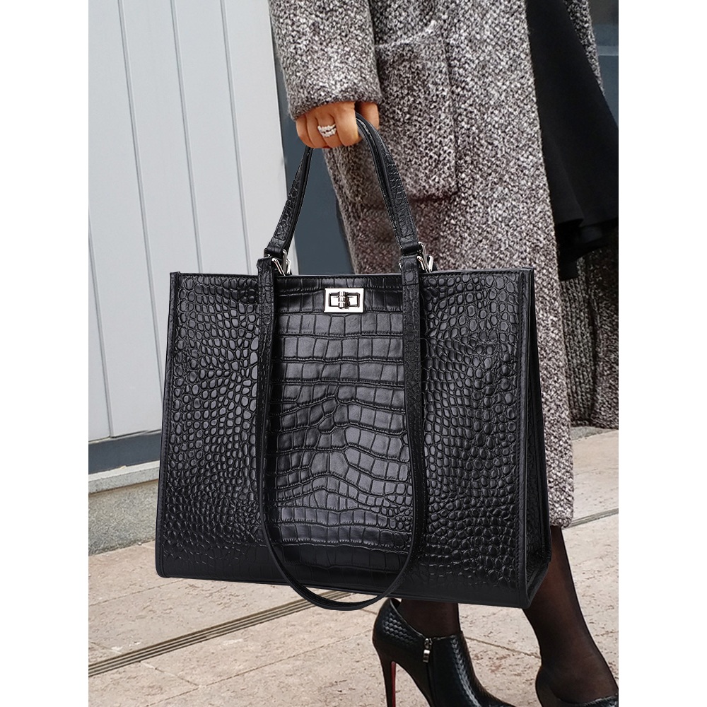 Bolsa Tote De Couro Preta Croc Emboss Feminina Grande De Viagem