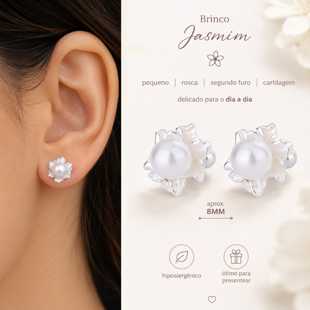 Brinco Pequeno de Rosca Flor de Jasmim com Pérola em Prata 925, Brinco Feminino Delicado para Dia a Dia