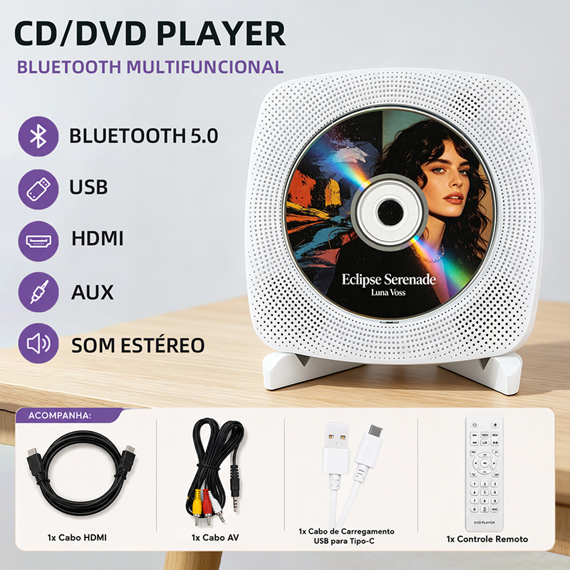 Aparelho De DVD E CD Player Portátil Bluetooth 5.0 Rádio FM HDMI AV Para Conectar Na TV Toca Música Filme Bivolt