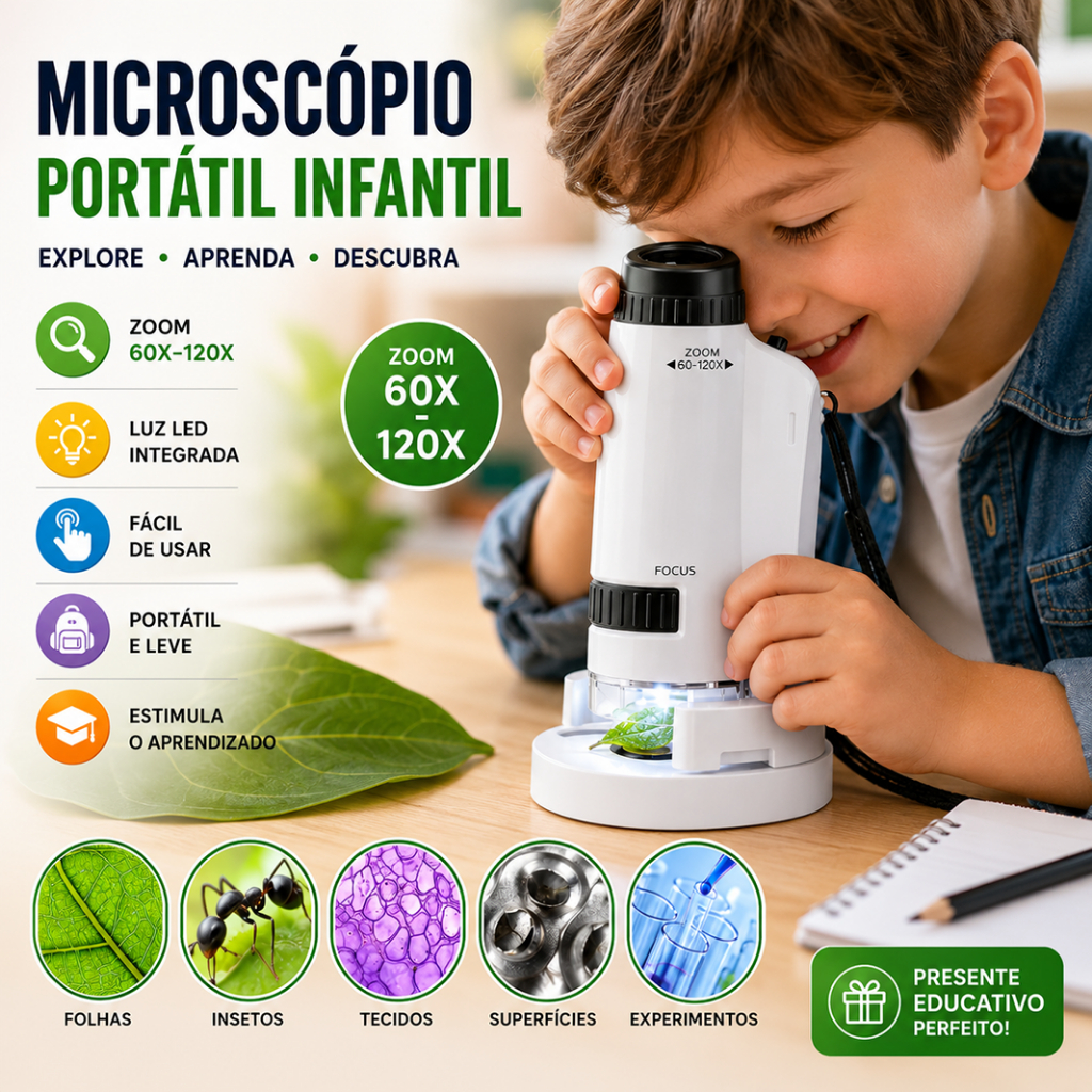 Microscópio De Mão Portátil Com Zoom 60X-120X Para Plantas Infantis